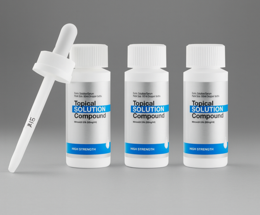 Three bottles of 'Topical Solution Compound' with a dropper on a gray background