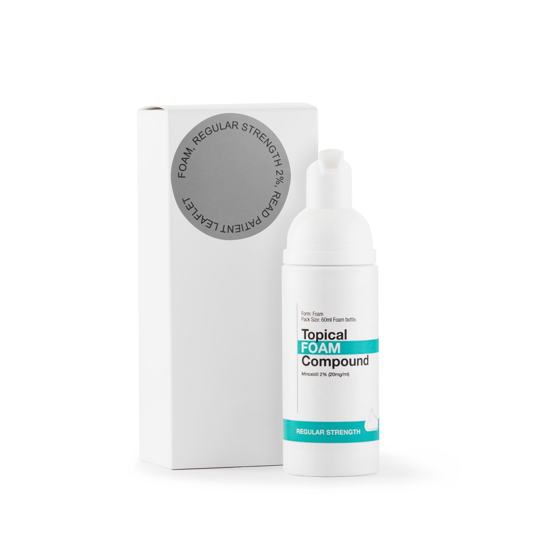 Topical foam compound with packaging on a white background