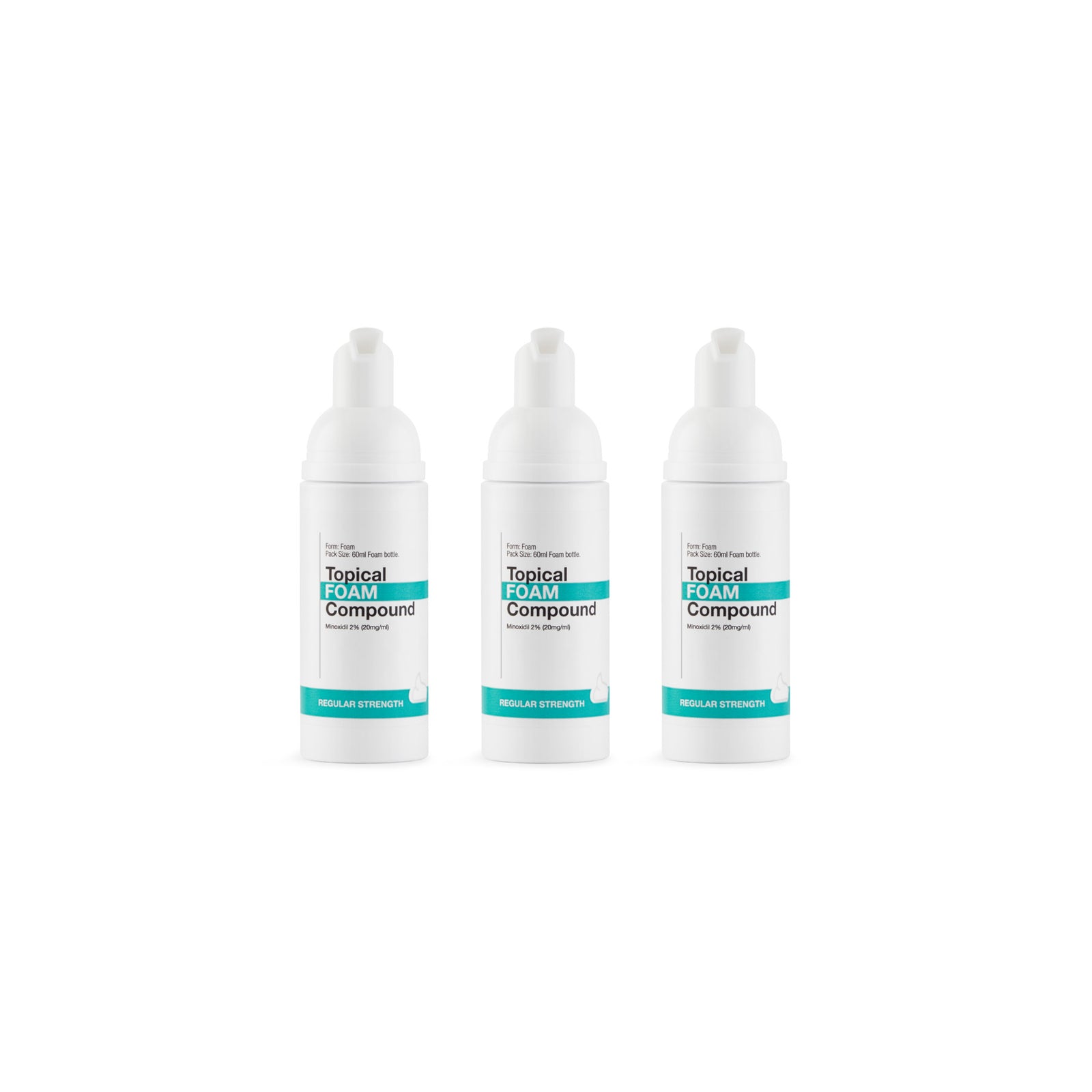 Three bottles of Topical Foam Compound on a white background