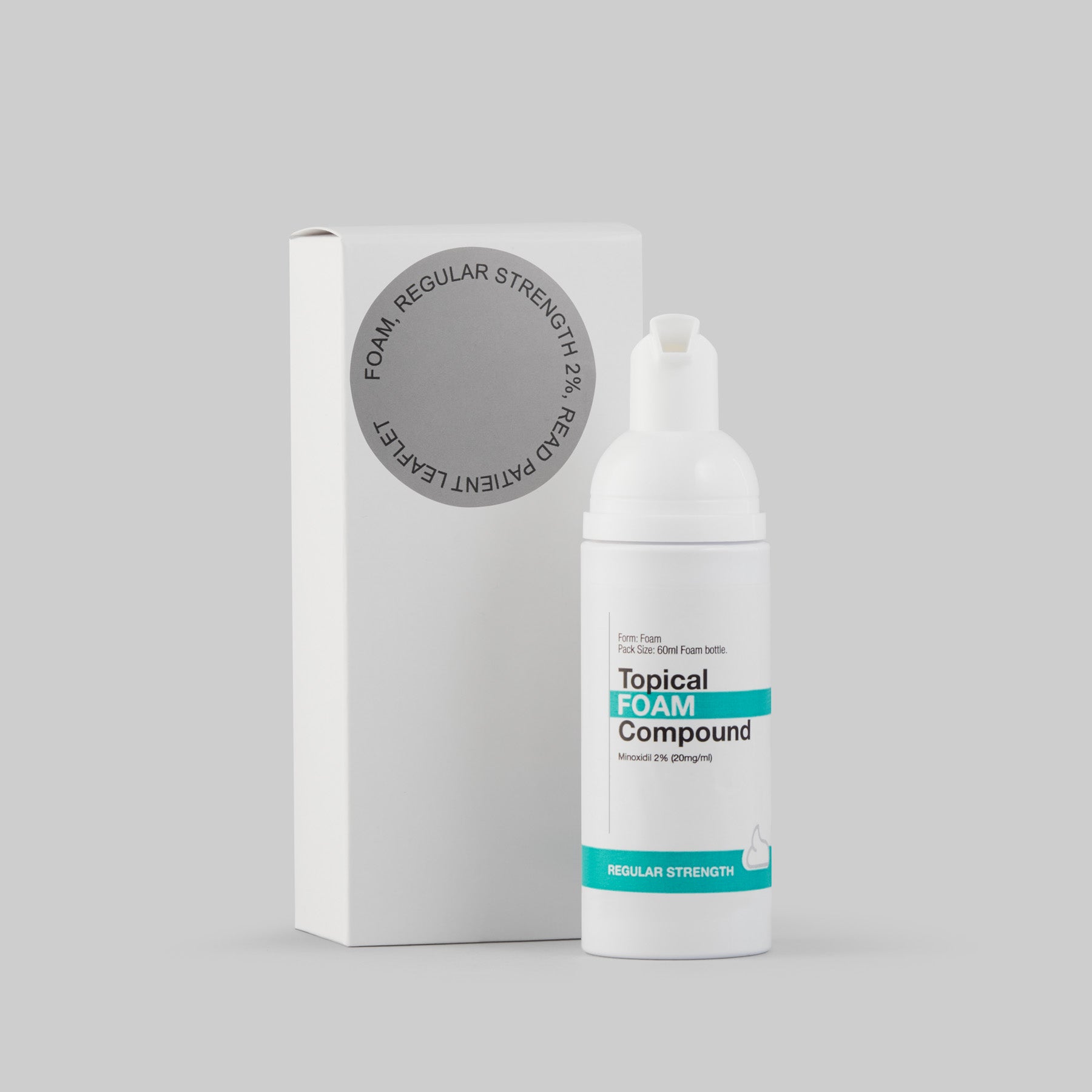 Topical foam compound bottle and packaging on a gray background