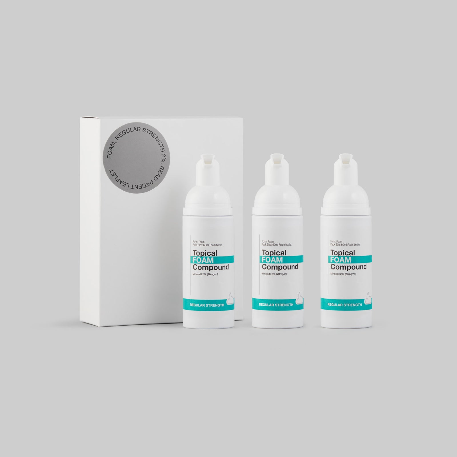 Three bottles of 'Topical Foam Compound' with a packaging box on a gray background