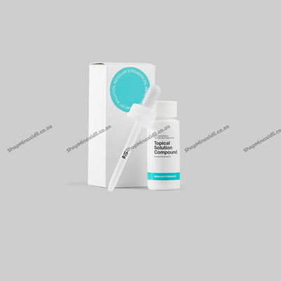 Topical solution compound with packaging on a gray background