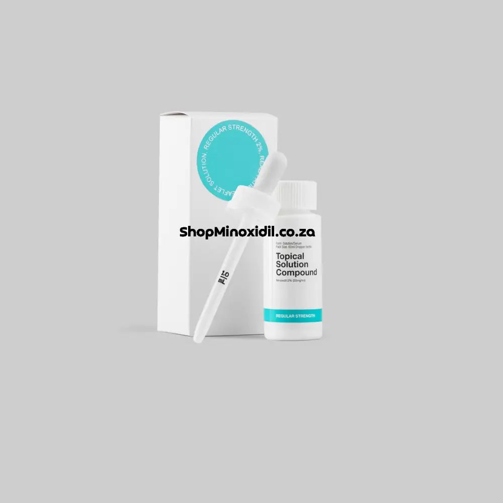 Topical solution compound with packaging on a gray background