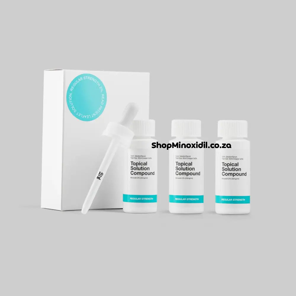 Topical Solution Compound packaging with bottles and a box on a gray background