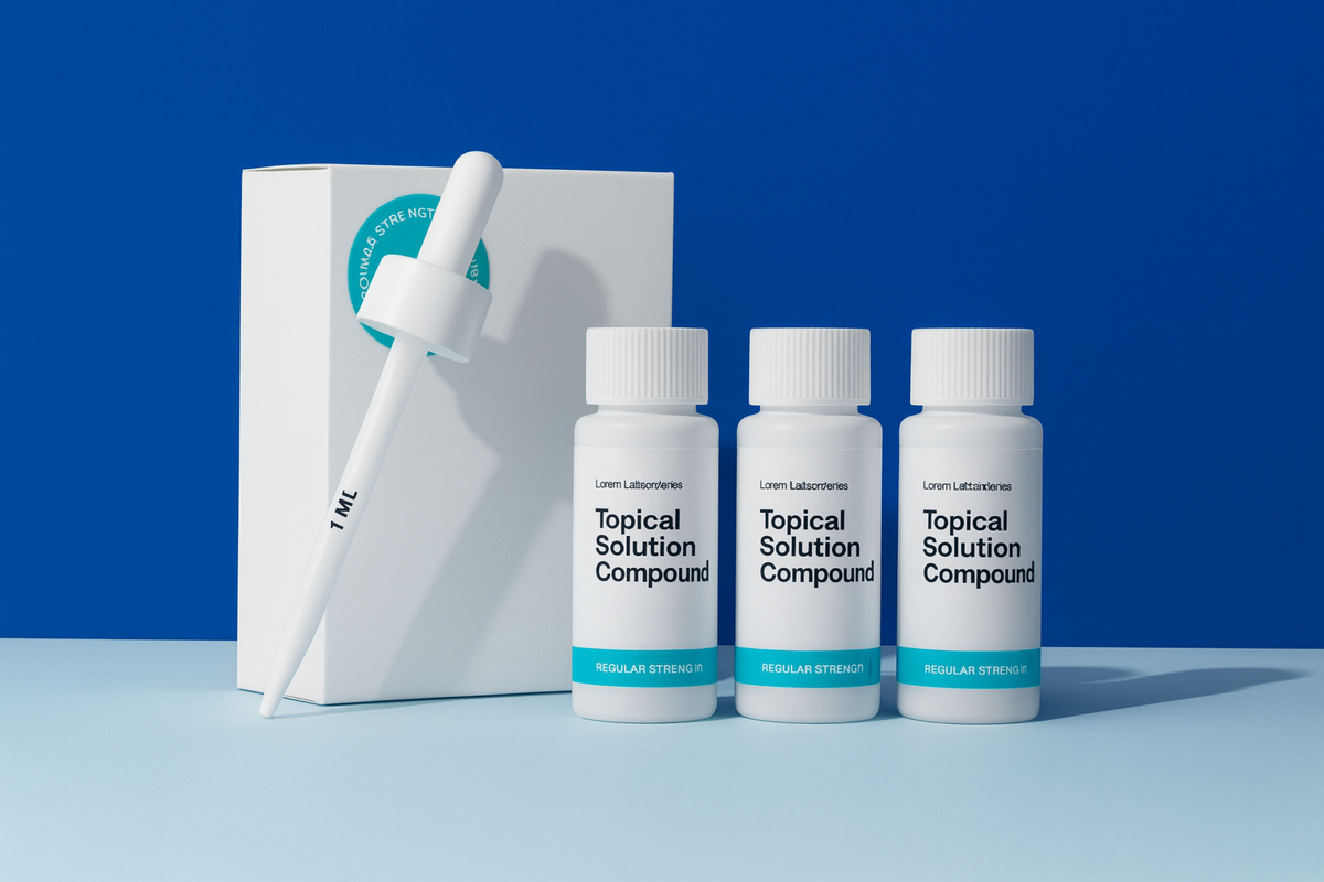 Three bottles of 'Topical Solution Compound' with a white box on a blue background